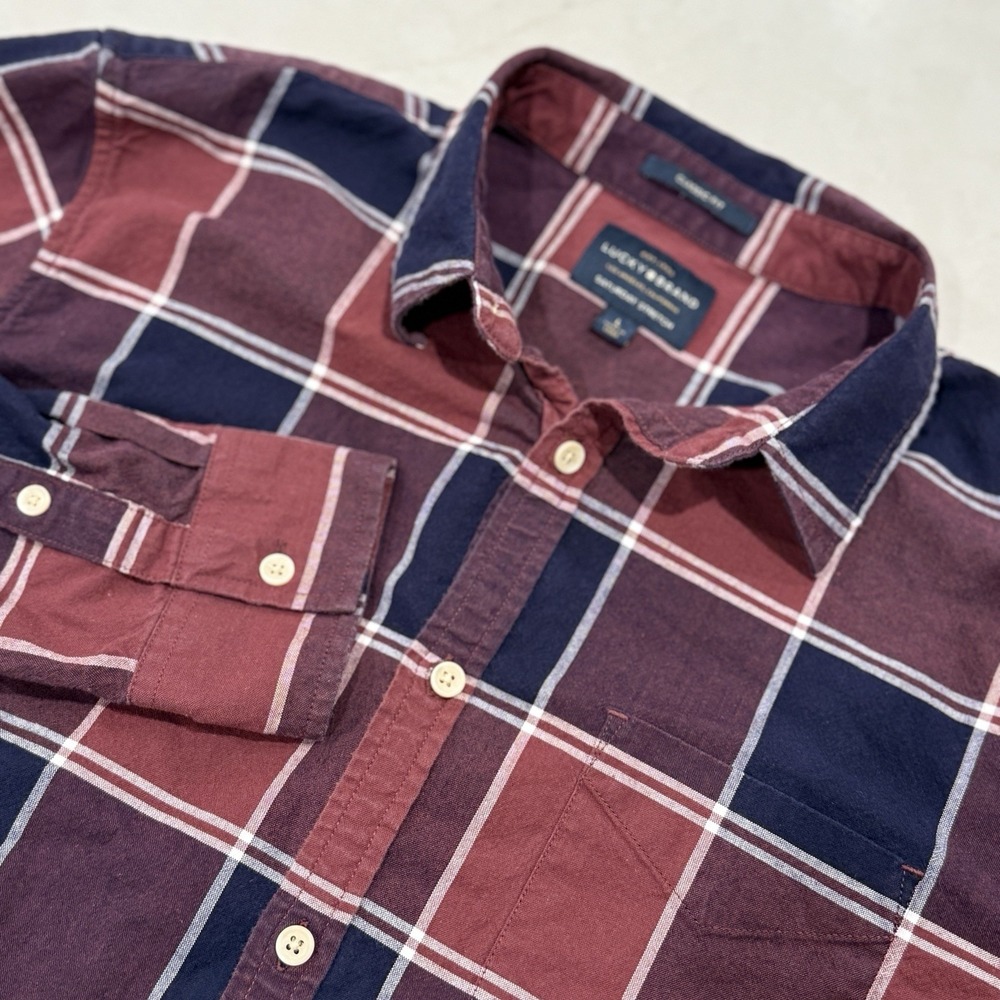 Lucky Brand Saturday Stretch Maroon Plaid Shirt Classic Fit Size L